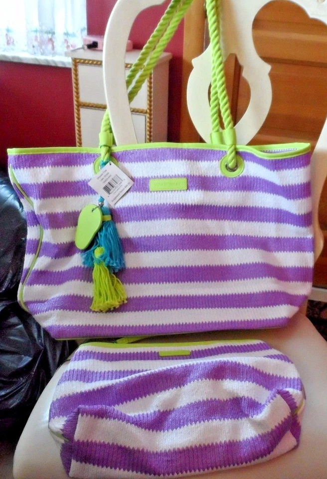 Vera Bradley Striped Tote and Cosmetic in Lilac Stripe