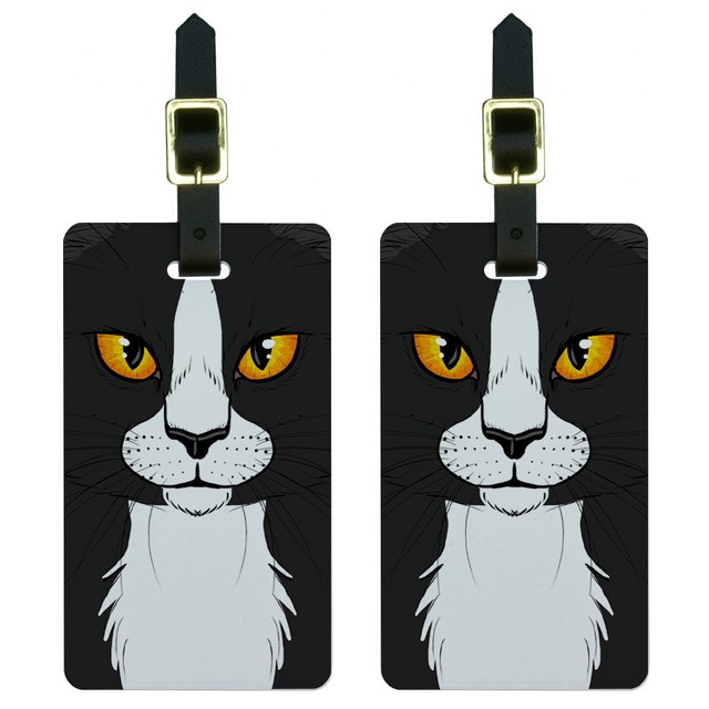 Black White Cat Face Pet Kitty Luggage Suitcase CarryOn ID Tags Set