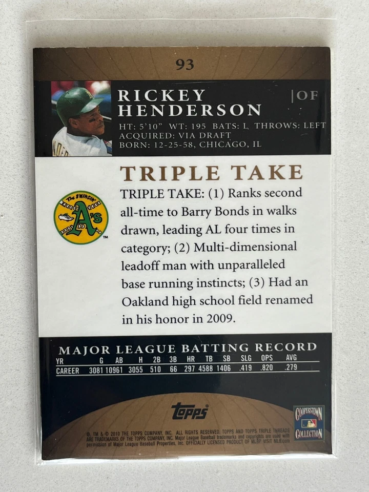 Rickey Henderson 2010 Topps Triple Threads Athletics Gold /99 #93 - Image 2 of 2