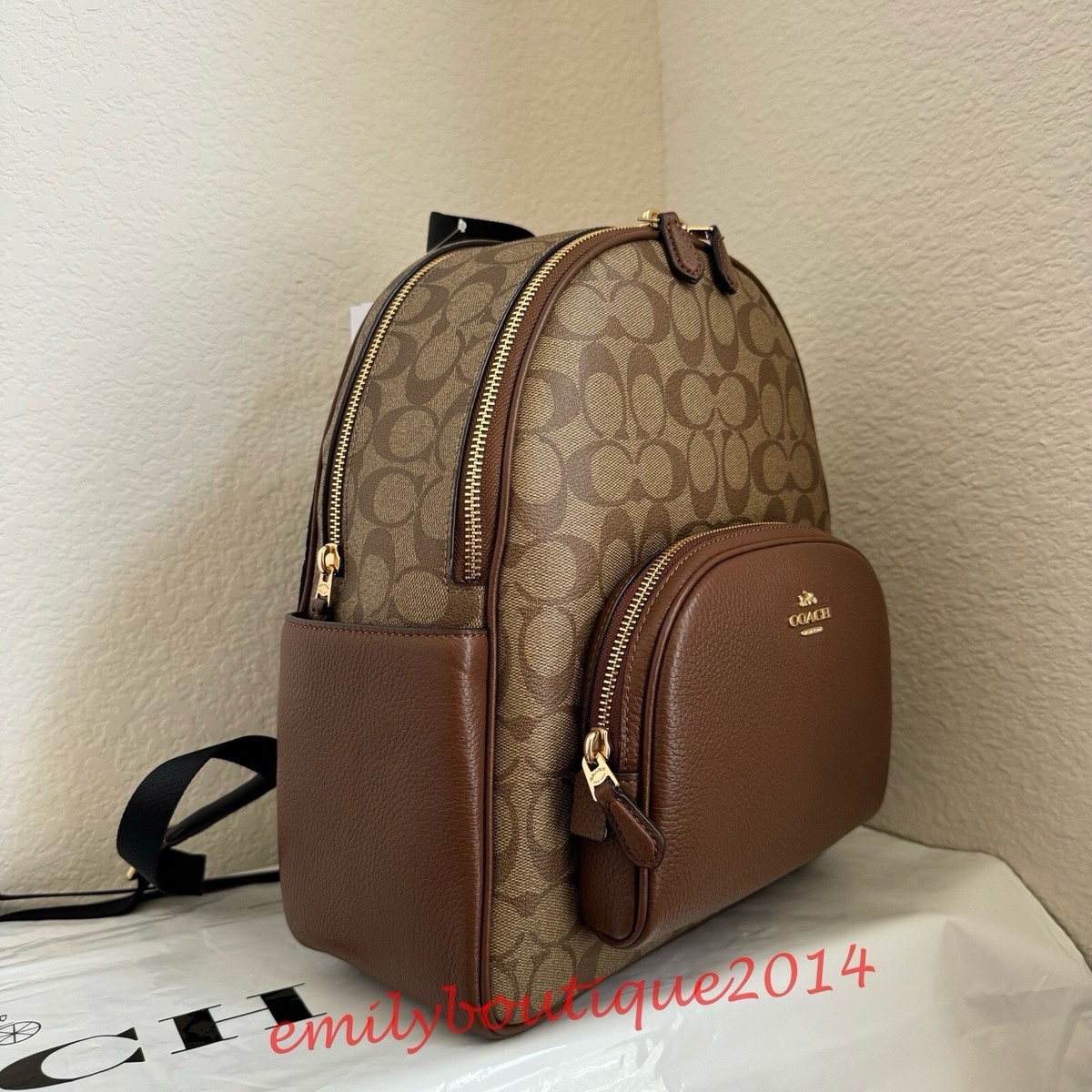 NWT Coach 5671 Court Backpack In Signature Canvas Khaki Saddle