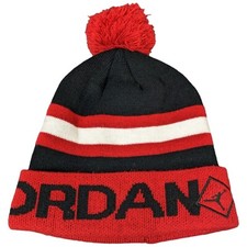 Jordan Beanie with Pom Jumpman Knit Cap Black Red White Stripe Roll Up
