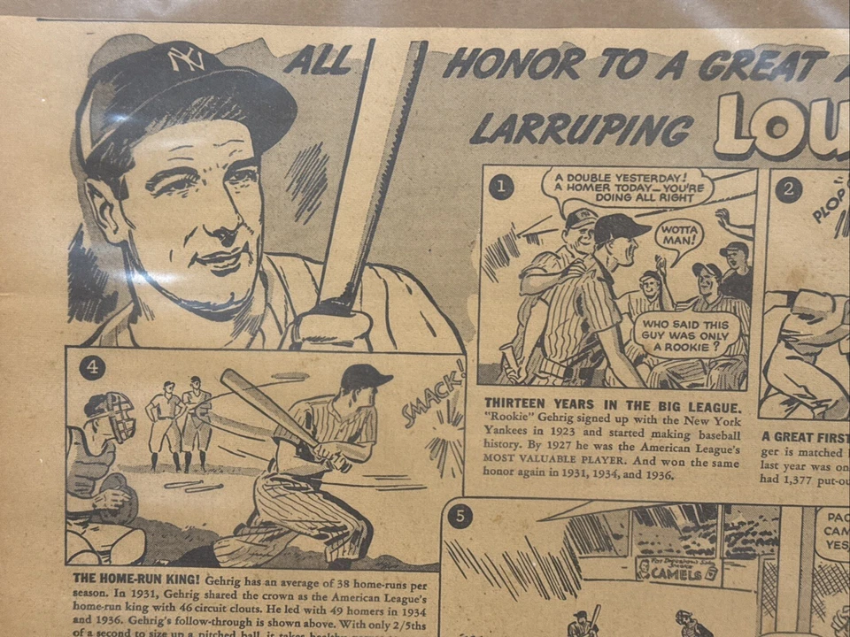 罕见 1937 年 Lou Gehrig 骆驼报纸广告/卡通,纽约洋基队,很棒! — 第 2/4 张图片