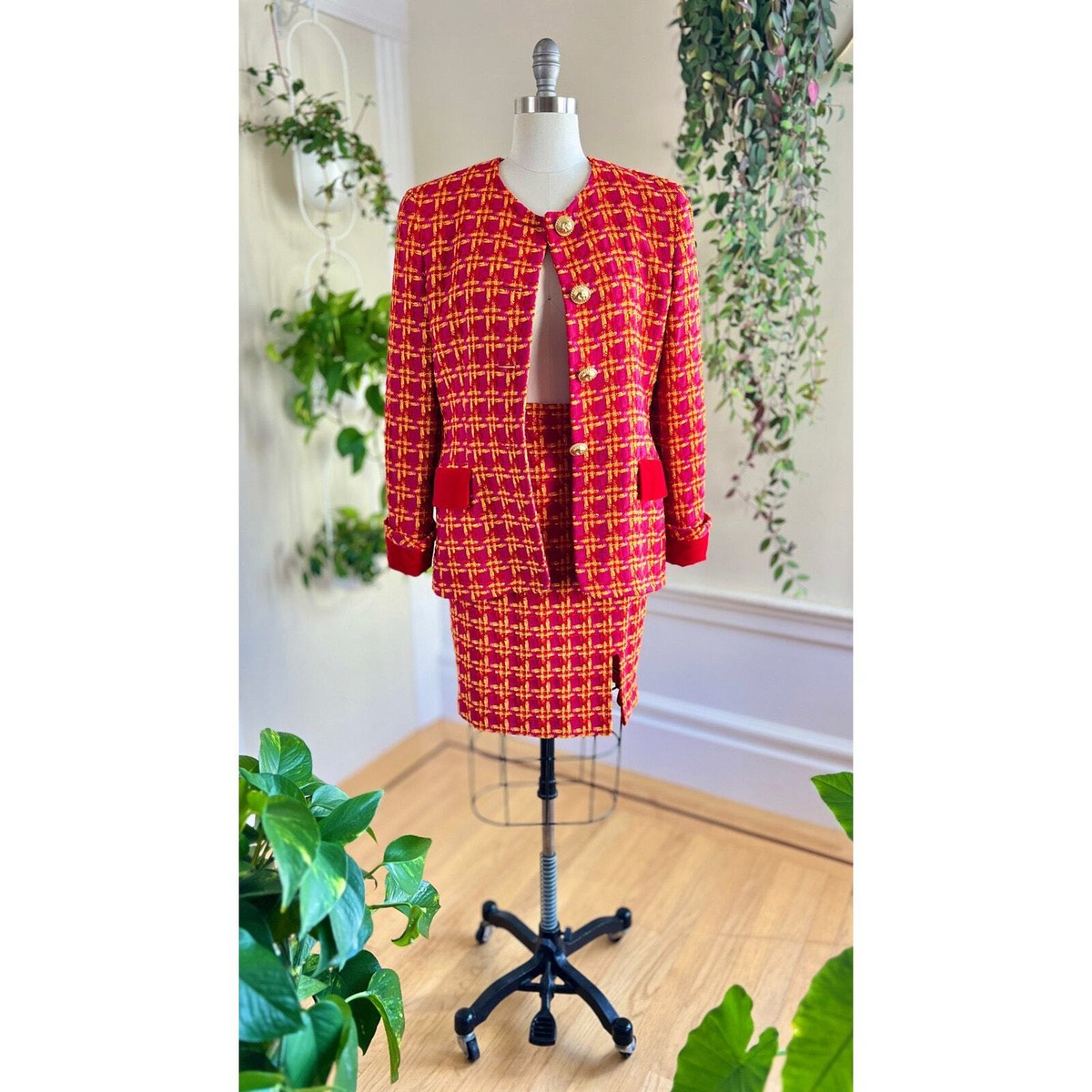 ESCADA 赤ジャケットワンピーススーツ Vintage 1980s ESCADA Skirt Suit 80s Chenille Plaid Wool