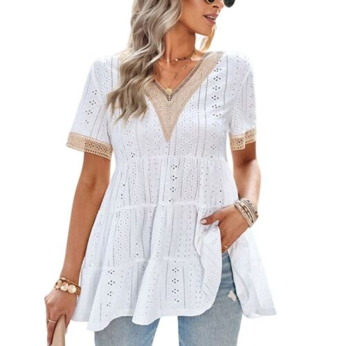 Women Babydoll Blouses V-Neck Tunic Tops Summer Casual Loose Ruffle Sleeve Tops - Picture 9 of 24
