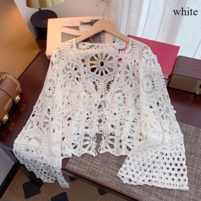 Lady Flared Long Sleeve Crochet Hollow-out Cardigan Floral Shirt Top Summer Chic