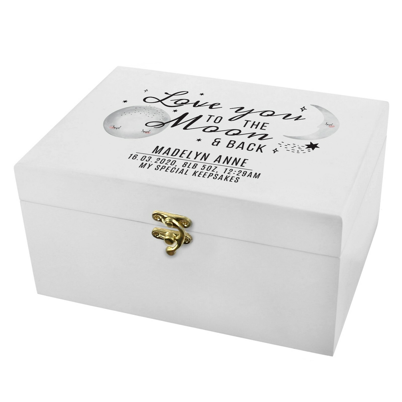 Personalised Baby To The Moon and Back White Wooden Keepsake Memory Box