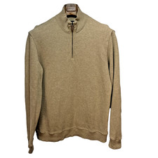 Lands End Mens Quarter Zip Pullover Sweater Size M Camel Tan Cotton Elbow Patch