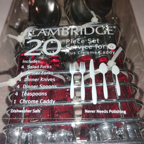 Cambridge 20 Piece Silverware Set Service For 4 Duplex Red Chrome Caddy - Picture 6 of 7