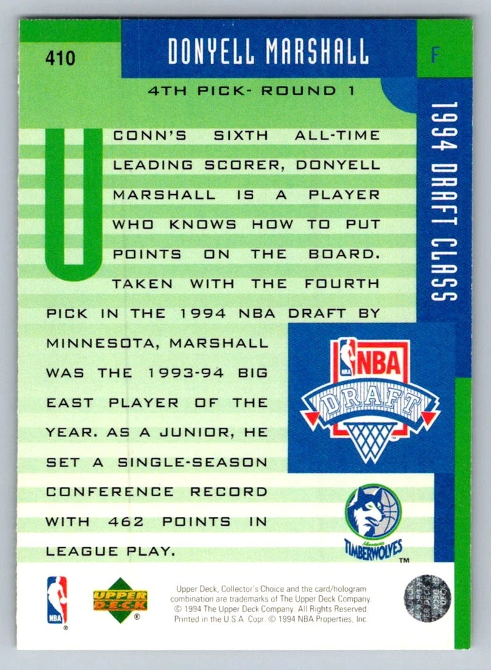 Серебряные подписи 1994 Collector's Choice Donyell Marshall 410 - Изображение 2 из 2