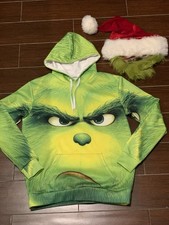 Adult  SM 3D GRINCH Hoodie Ugly Christmas Sweater  Santa Hat With Grinch Beard