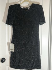 Beaded Cocktail Dress Party Elegant Wedding Classy Gala Silk Black 1980s LBD 8