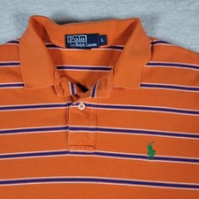 Polo Ralph Lauren Polo Shirt Mens Large Orange Blue Striped Short Sleeve Cotton