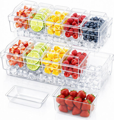 Chilled Condiment Containers with Lids 2 Pcs, Plastic Taco Bar Serving Set for P