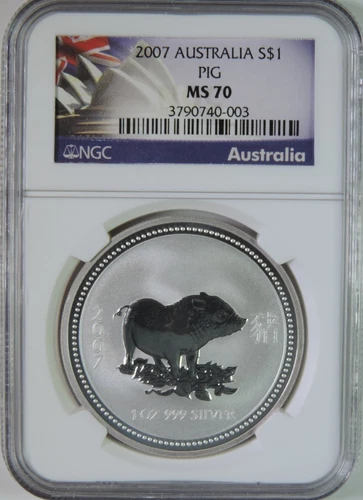 2007 Australia Lunar Year of the Pig 1oz .999 Silver $1 Coin NGC MS70