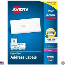 Avery 5960 Easy Peel Printable Address Labels, 1" x 2-5/8", 7,500 Blank Stickers