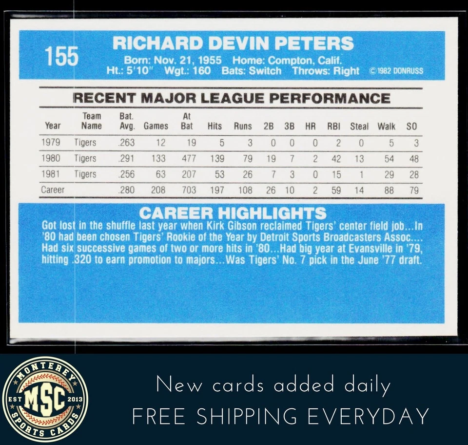 Rick Peters 1982 Donruss #155 Detroit Tigers - Image 2 of 2