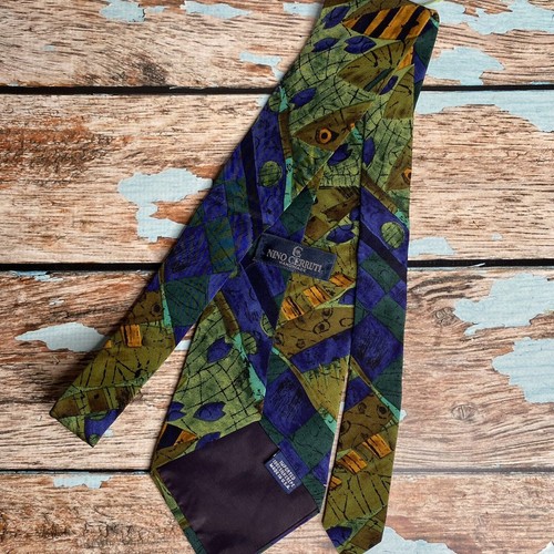 Nino Cerruti Necktie - Abstract Blue Gold Print 100% Silk Crepe Made In USA - Picture 6 of 12