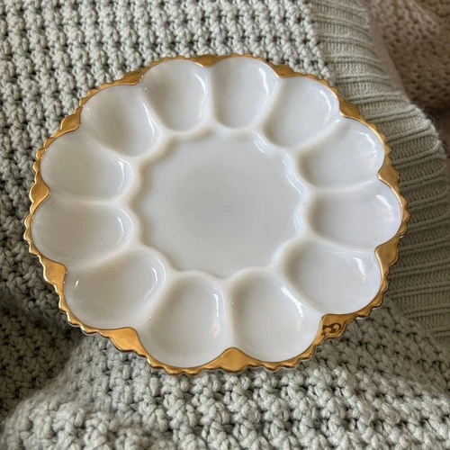 Vintage Anchor Hocking White Glass Deviled Egg Plate Gold Trim Mid Century Mod
