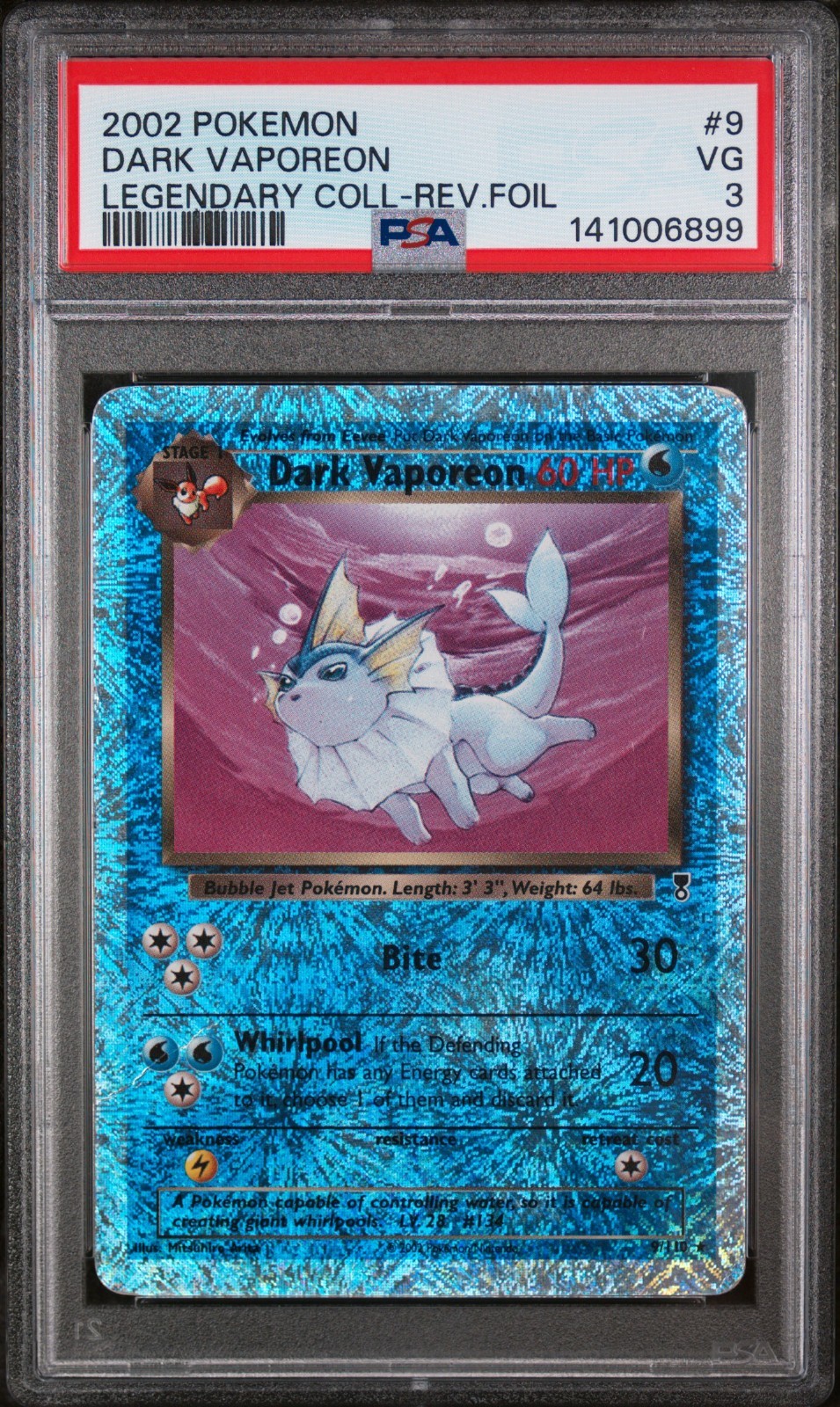 2002 Pokemon Legendary Collection Reverse Foil Dark Vaporeon #9 PSA 3 VG