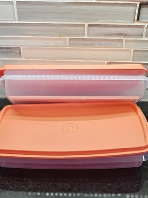 Tupperware Snack n Stor 2 Slim Deli Keeper 2 CONTAINERS 2.5 cup ORANGE LIDS NEW