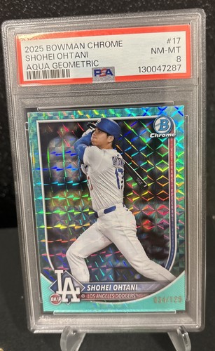 Shohei Ohtani 2025 Bowman Chrome Aqua Geometric Refractor #34/125  PSA 8 Dodgers