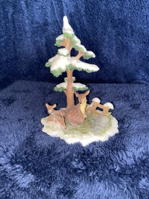 5  O Well Christmas Village Resin Figurine  Deer And Two Fawns At Snowey Tree