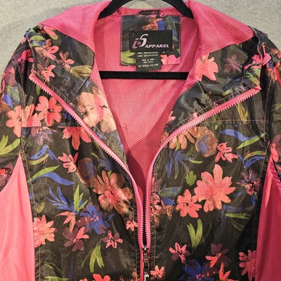 I5 Apparel Women's Large Hooded Windbreaker Black Pink Lightweight Jacket EUC