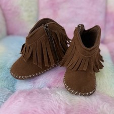 Brown Faux Suede Western Fringe Zip Ankle Bootie Boots Unisex Baby Toddler