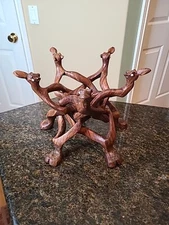 Vintage Carved Interlocking Pedestal Wood Planter Pot Candle Stand Camels Head