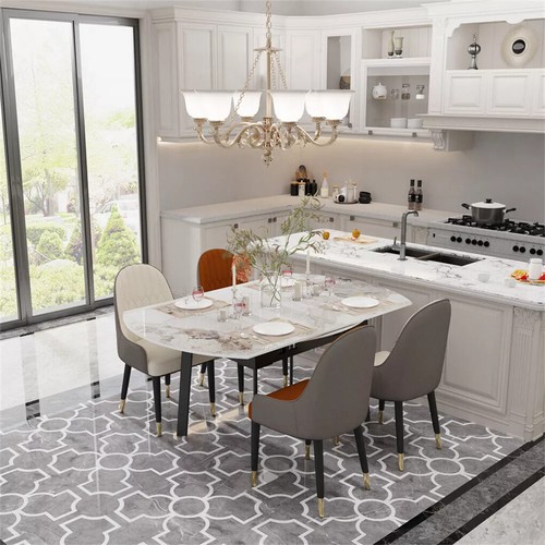 Modern Glossy Stone Top Dining Table Extendable with Smooth Rails and Iron Legs - Picture 7 of 123