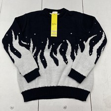 Navy Blue White Clash Flame Knitted Jacquard Sweater Big Kids 11 - 12 Yr