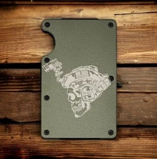 "Operator Skull" Slim Wallet, RFID Blocking Aluminum, Engraved in USA, Army Gift