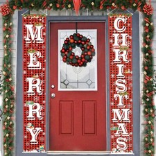 Merry Christmas Hanging Banner Porch Sign with Pattern Christmas Tree