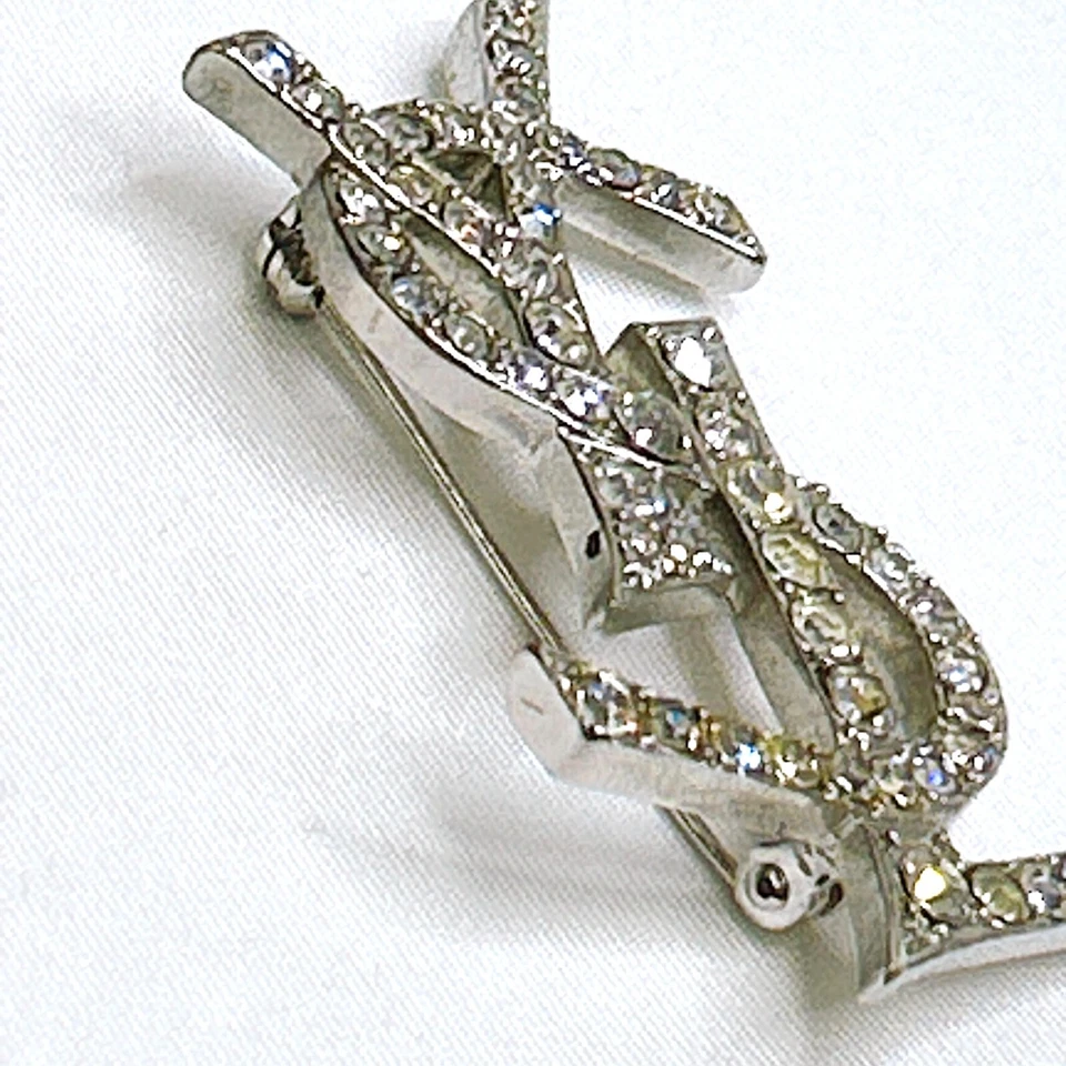 Spilla logo YSL Yves Saint Laurent autentico strass tono argento GIAPPONE - Immagine 3 di 4