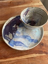 Vintage Studio Pottery Plate W Attached Bowl Chip and Dip Tray Signed 10”