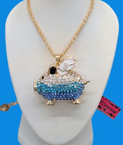 Sparkly Cute! Betsey Johnson Two Tone Blue & Clear Crystal Pig w/ Wings Necklace - Picture 3 of 17