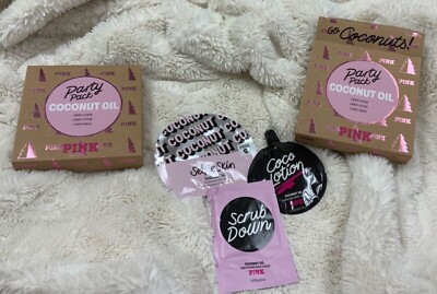 (2) Victoria s Secret PINK Party Pack Coconut Oil Body Scrub, Lotion Sheet Mask