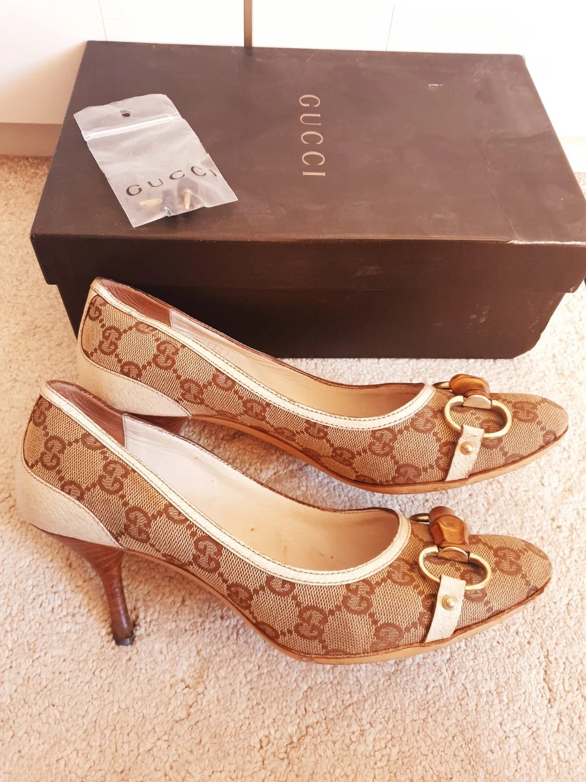 Chaussures de cour Gucci femme GG Marmont beige tissu Horsebit talons UK 5 EU 38C