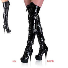 Sexy Stivali Coscia Tacco 15 Plateau dal 36 al 44 Nero Lucido/Opaco Cinghie ZIP!