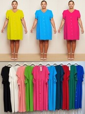 New Ladies Italian Solid Front Button Short Sleeve V Neck Frill Smock Dress