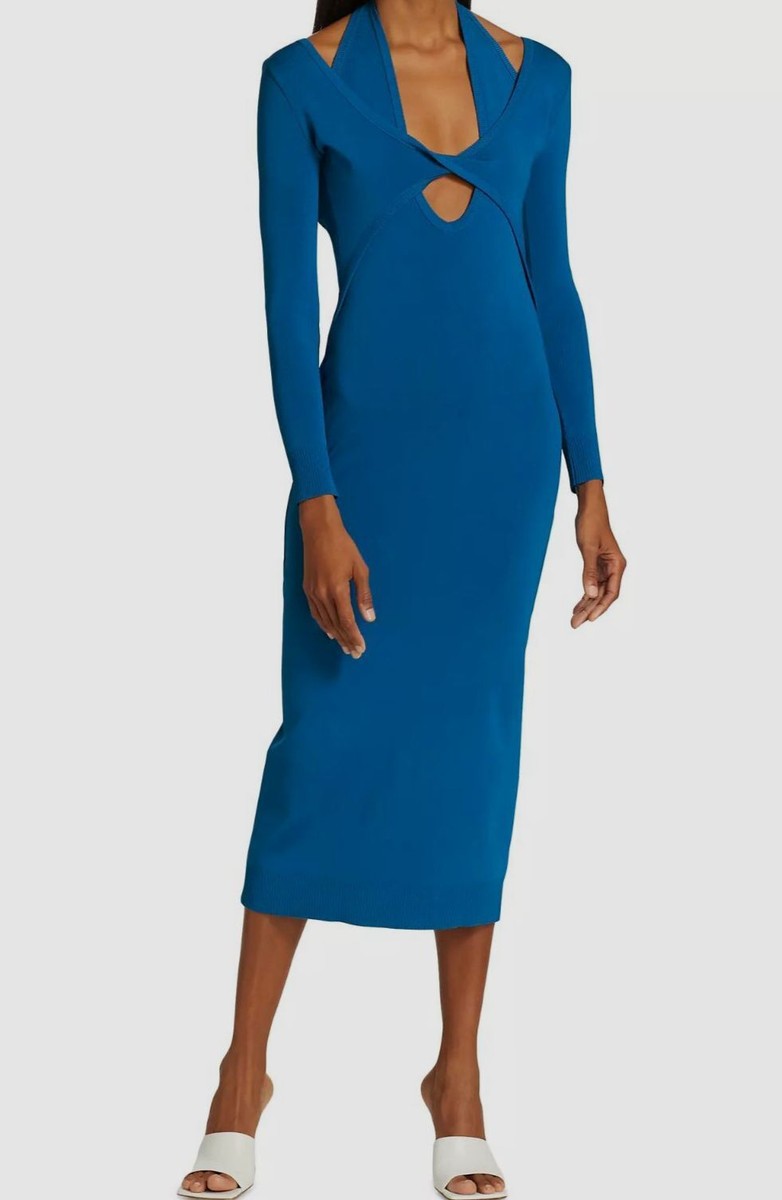 blue knit cut out dress Long Sleeve Twist Cut Out Detail Mini Dress In Blue Ribbed Knit | EGO CA