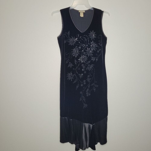 Vintage schwarz Samt Whimsigoth Abschlussball Heimkehr Blumen Vamp Kleid Gr. Medium
