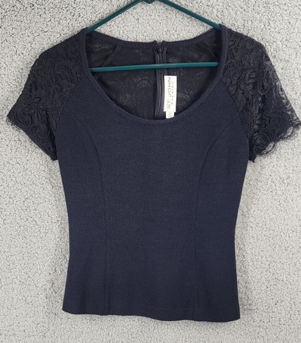 ST. JOHN EVENING Santana Knit Short Sleeve Top w Black Lace Size P - Picture 11 of 12