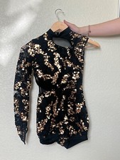 Girl's Weissman One Sleeve Black Biketard with Gold Sequins for Jazz/Tap