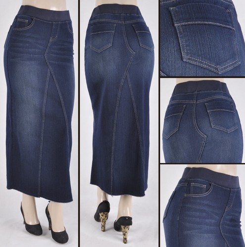 Langer Damenrock hoher Stretch dunkle Waschung Denim 38" A-Linie ohne Schlitz plus #WG-88025