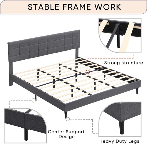 Full/Queen/King Size Platform Bed Frame w/Upholstered Headboard and Wooden Slats - Picture 16 of 28