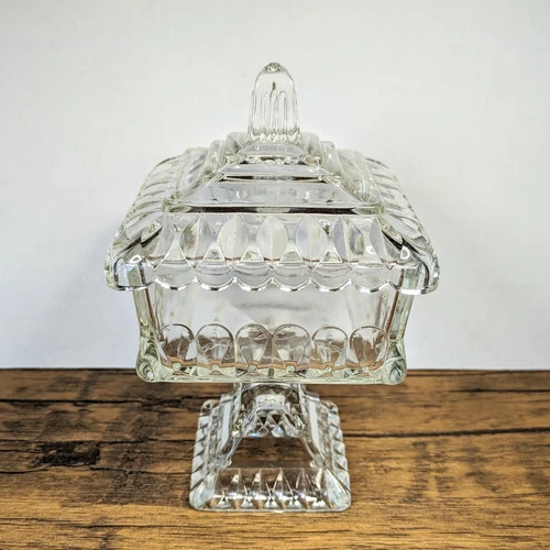 Vintage - 6¼" Jeanette Clear Pressed Glass, Pedestal Wedding Candy Dish w/ Lid