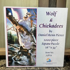 SunsOut 1000 Piece Jigsaw Puzzle 16" x 34" 'Wolf  Chickadees' 75829 NEW