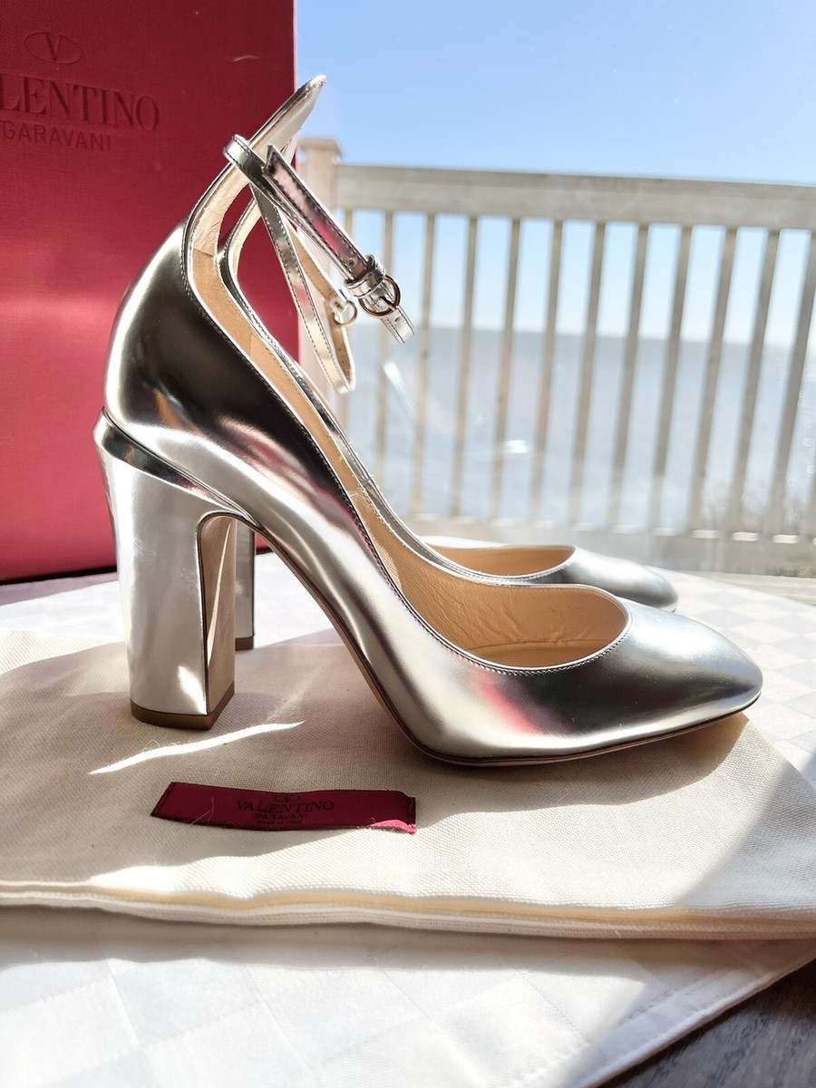 Valentino Garavani Tango Argento Patent Leather Ankle-Strap Block