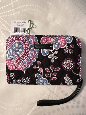 VERA BRADLEY Zip Around Wristlet Wallet Alpine Floral Black 7” By 5”-  NWT